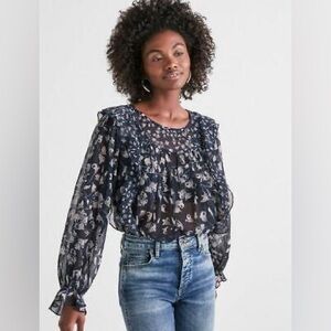 Lucky Brand Floral Print Sheer Ruffle Shirt Womens Small